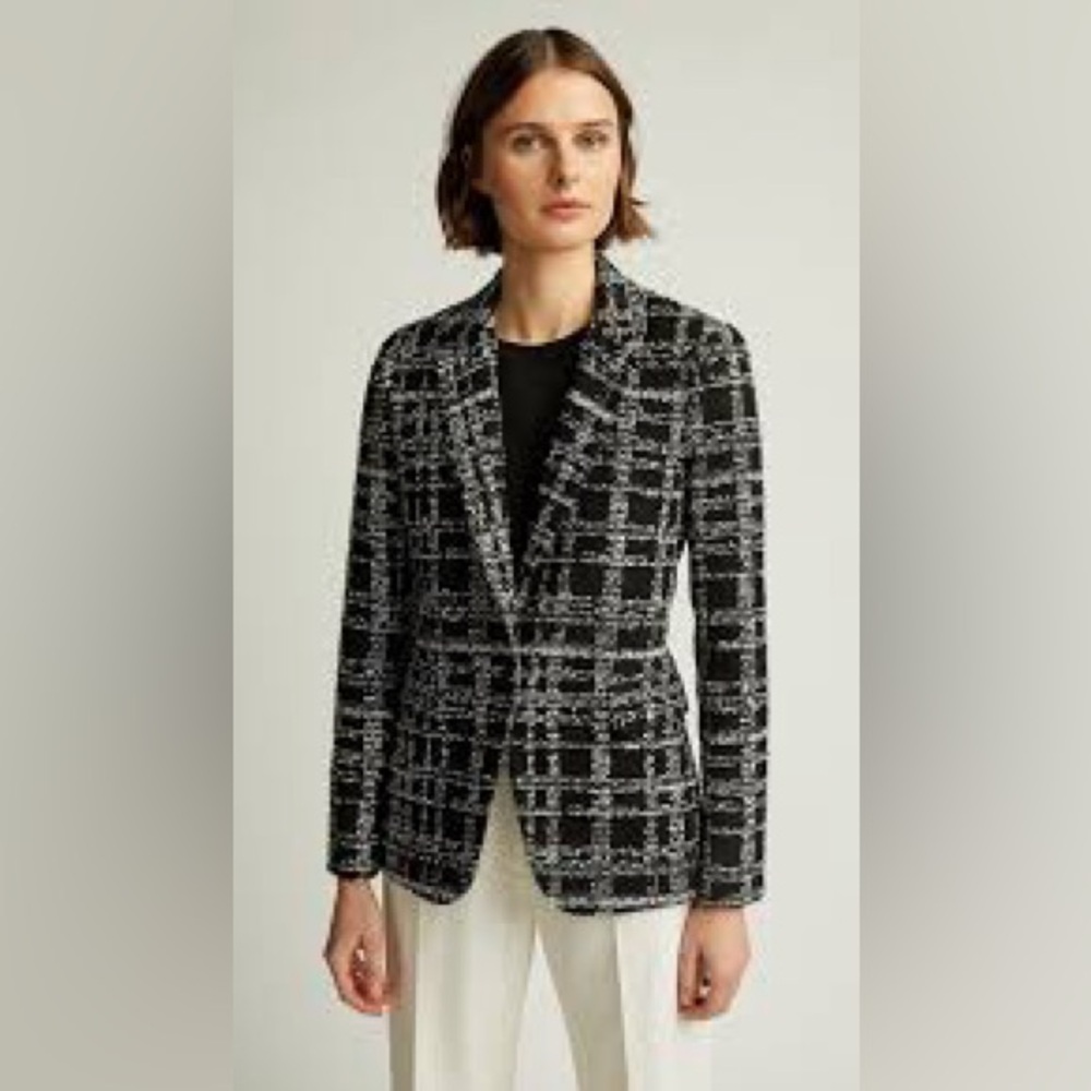 Argent Tweed Speckle Wool Blend Single Button Black Plaid Boucle Blazer Jacket 6